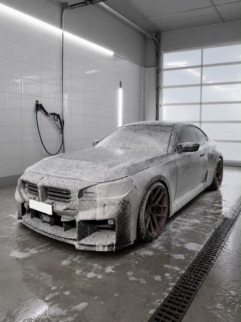BMW mit Schaumwäsche in der Detailing-Halle